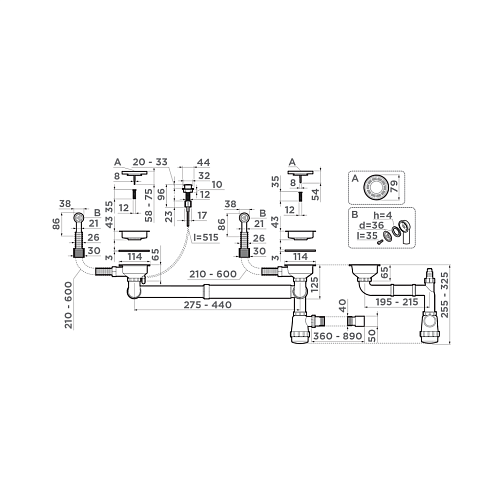Арматура для 2-чашевых моек WK-2-R-A с клапаном-автоматом, с круглыми переливами